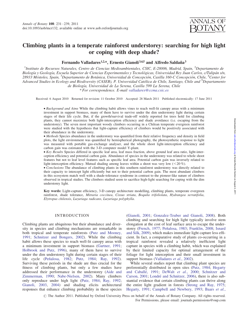 Climbing Plants in a Temperate Rainforest Understorey: Searching for High Light Or Coping with Deep Shade?