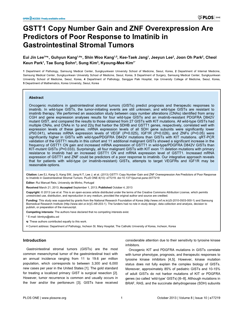 GSTT1 Copy Number Gain and ZNF Overexpression Are Predictors of Poor Response to Imatinib in Gastrointestinal Stromal Tumors