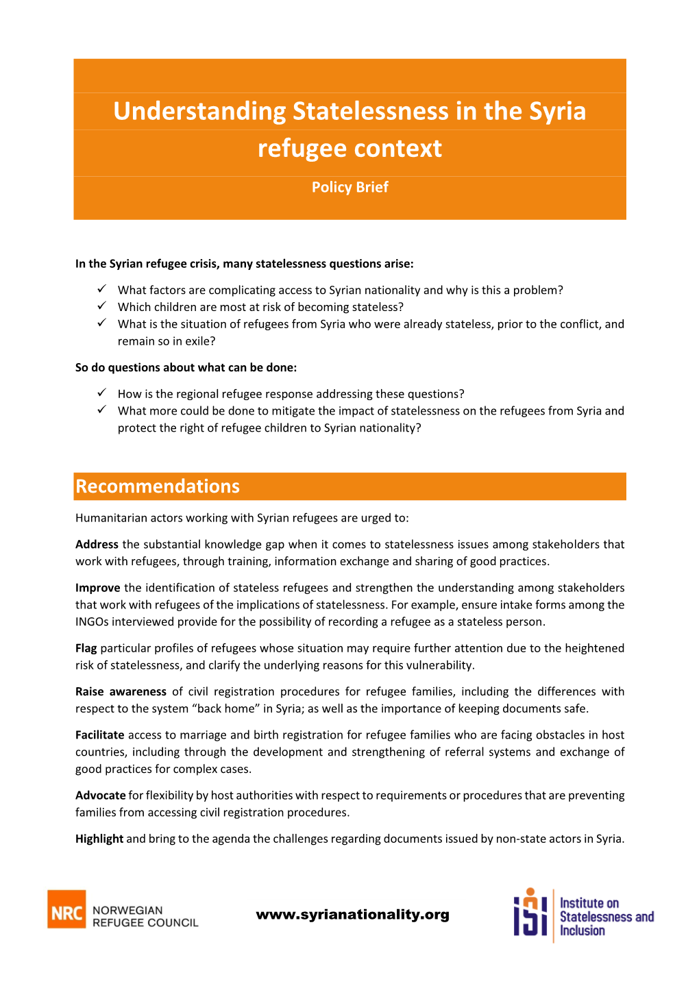 Understanding Statelessness in the Syria Refugee Context Policy Brief