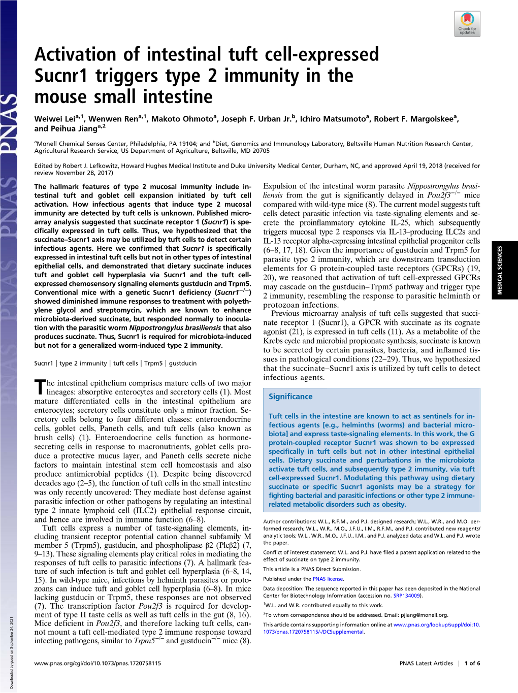 Activation of Intestinal Tuft Cell-Expressed Sucnr1 Triggers Type 2 Immunity in the Mouse Small Intestine