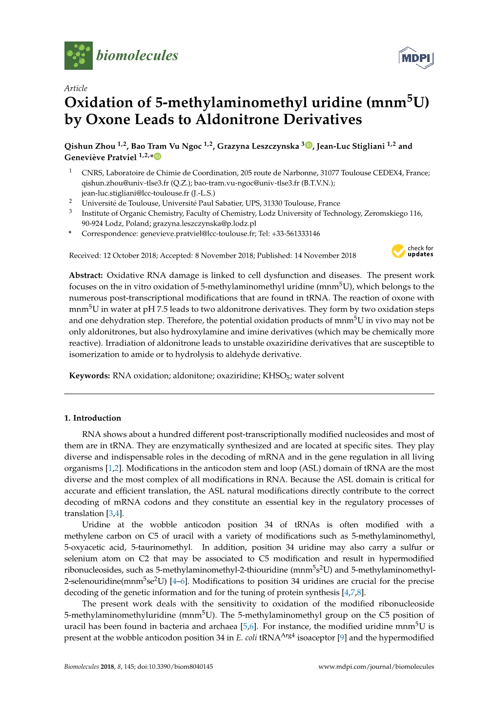 Oxidation of 5-Methylaminomethyl Uridine (Mnm5u) by Oxone Leads to Aldonitrone Derivatives