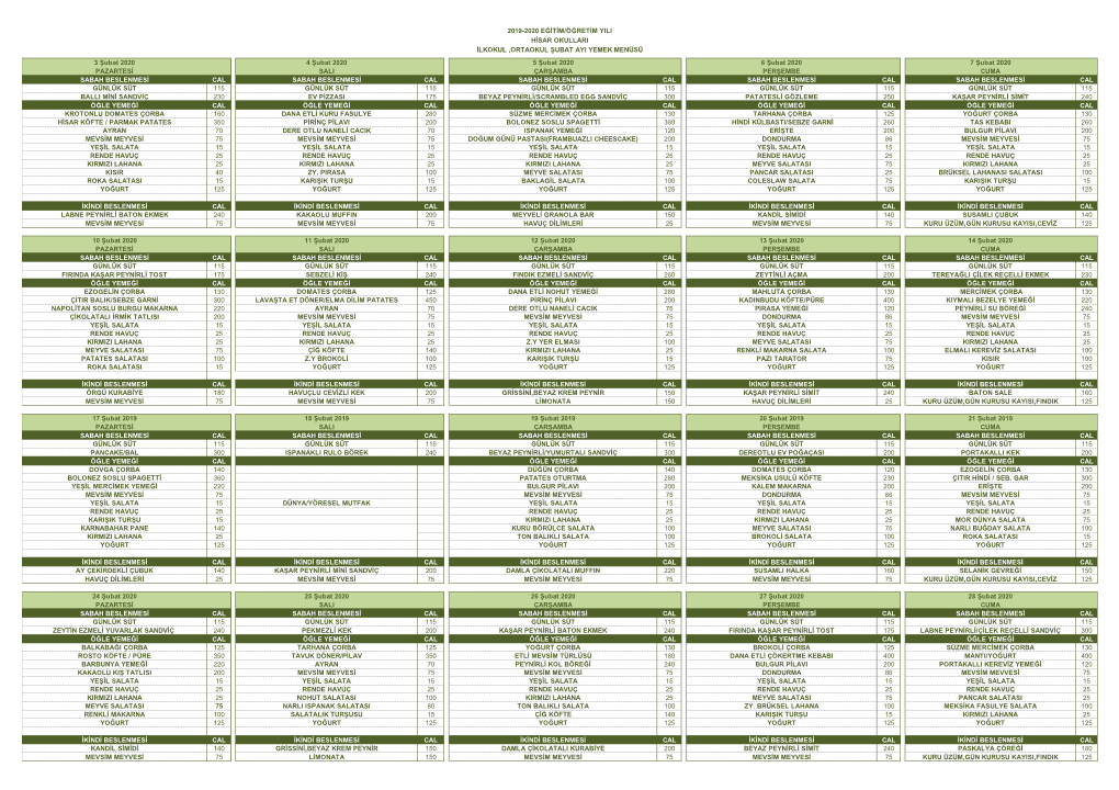 İlkokul Ortaokul Şubat 2020 Menü