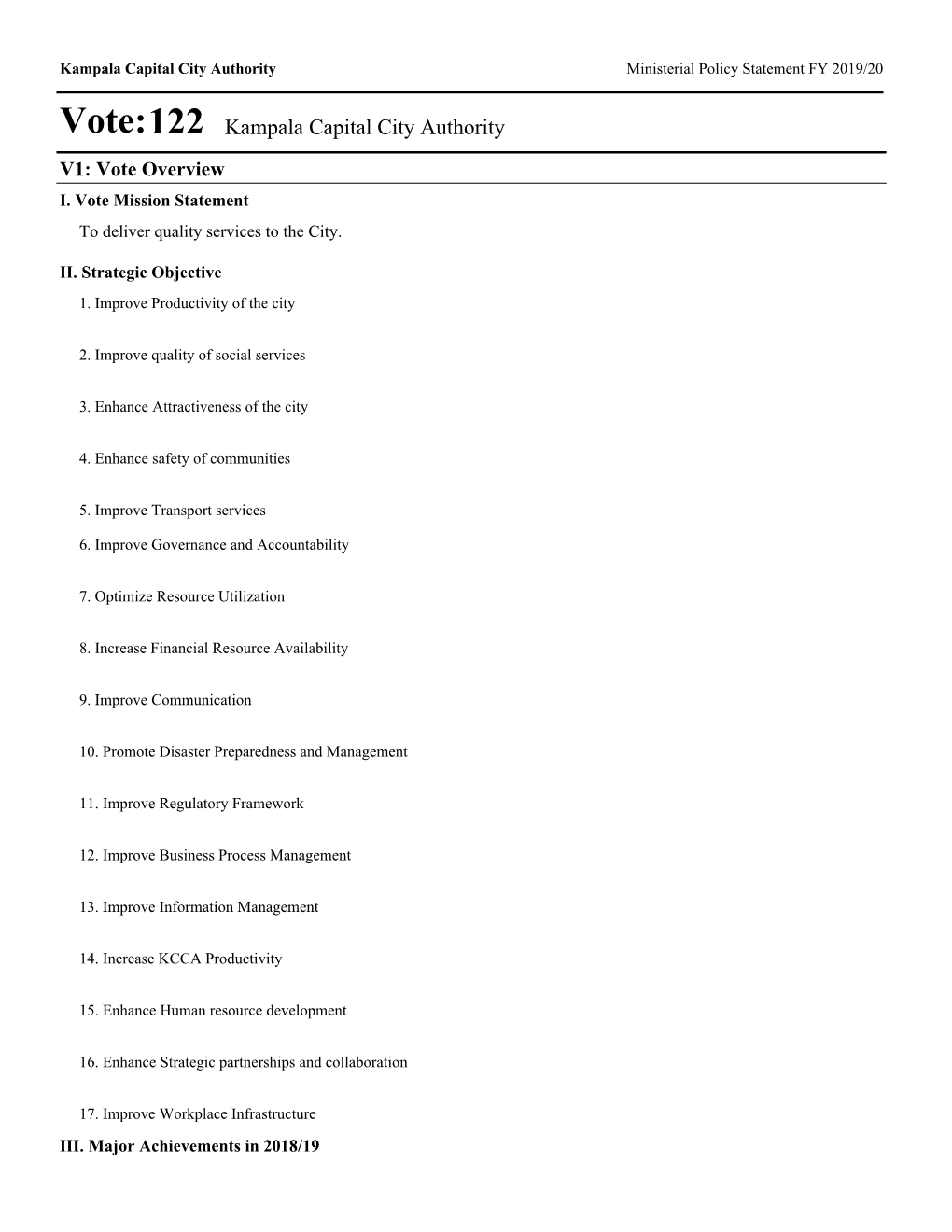 Vote:122 Kampala Capital City Authority V1: Vote Overview I