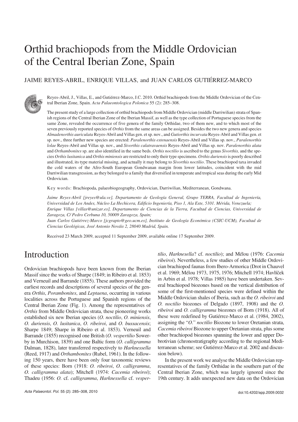 Orthid Brachiopods from the Middle Ordovician of the Central Iberian Zone, Spain