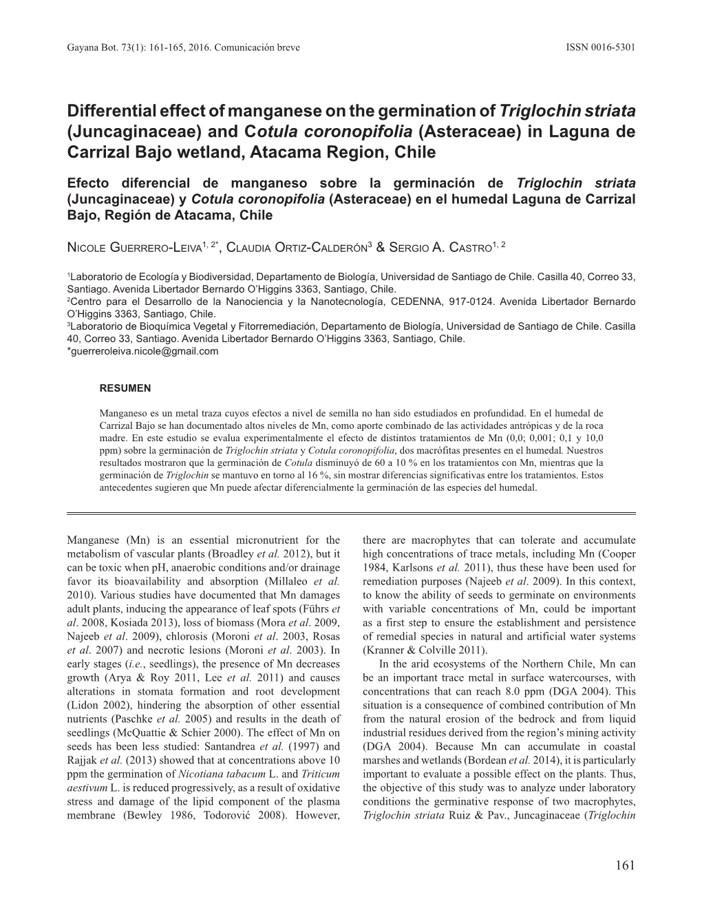 Differential Effect of Manganese on the Germination of Triglochin Striata (Juncaginaceae) and Cotula Coronopifolia (Asteraceae)