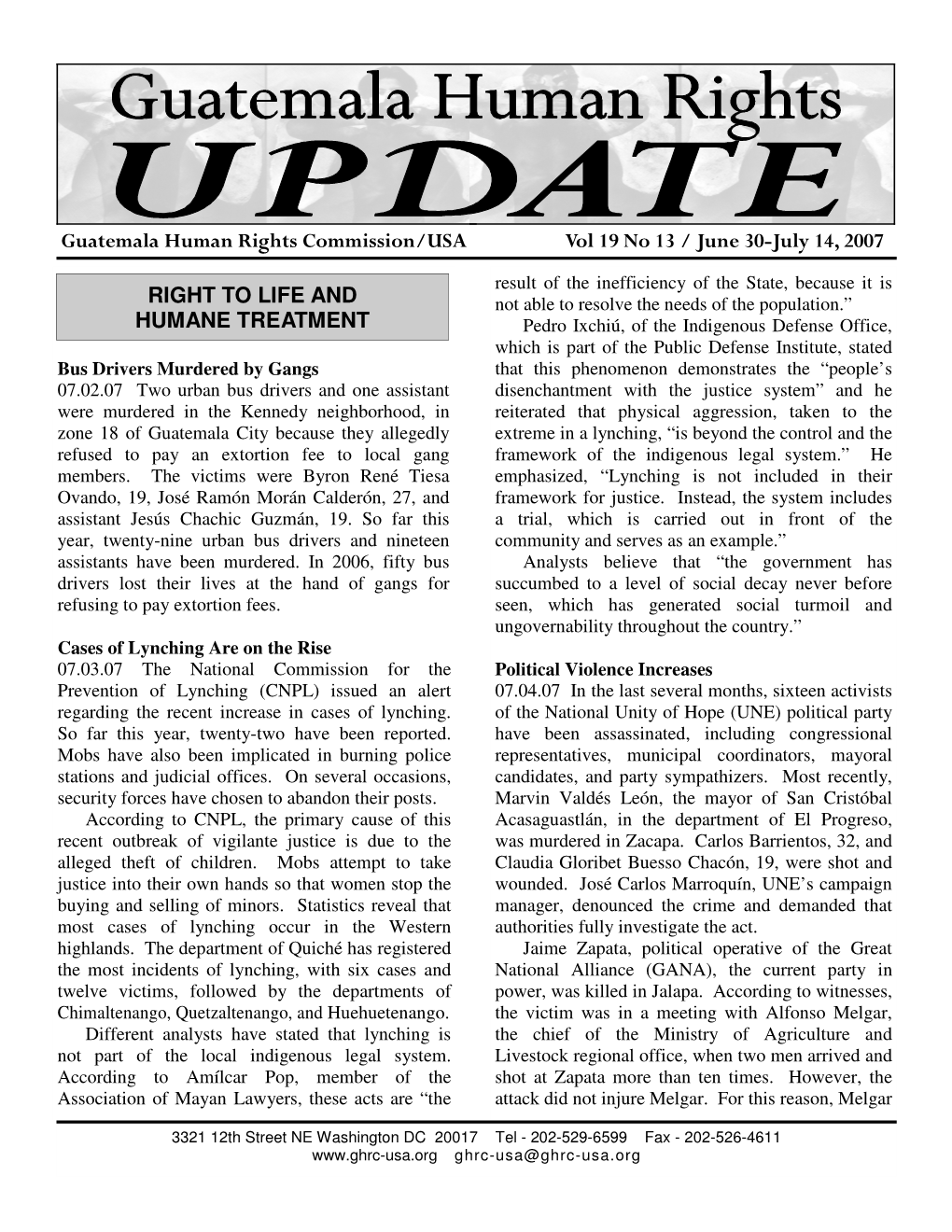 Guatemala Human Rights Commission/USA Vol 19 No 13 / June 30-July 14, 2007