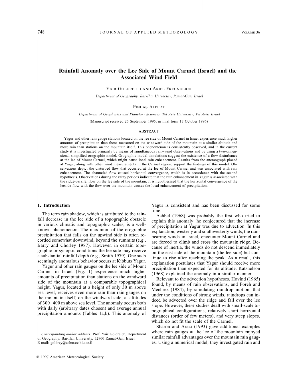 Rainfall Anomaly Over the Lee Side of Mount Carmel (Israel) and the Associated Wind Field