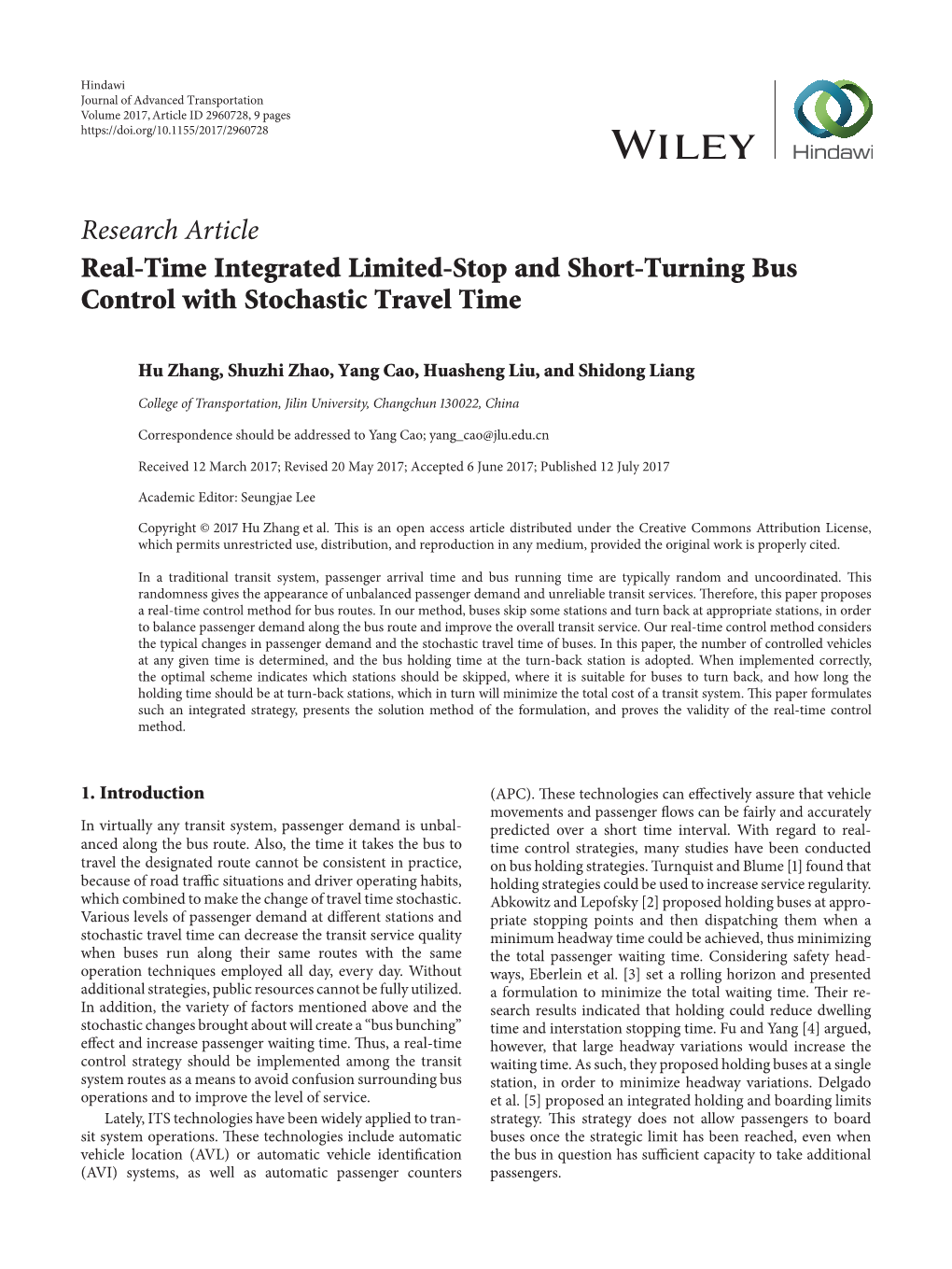 Research Article Real-Time Integrated Limited-Stop and Short-Turning Bus Control with Stochastic Travel Time