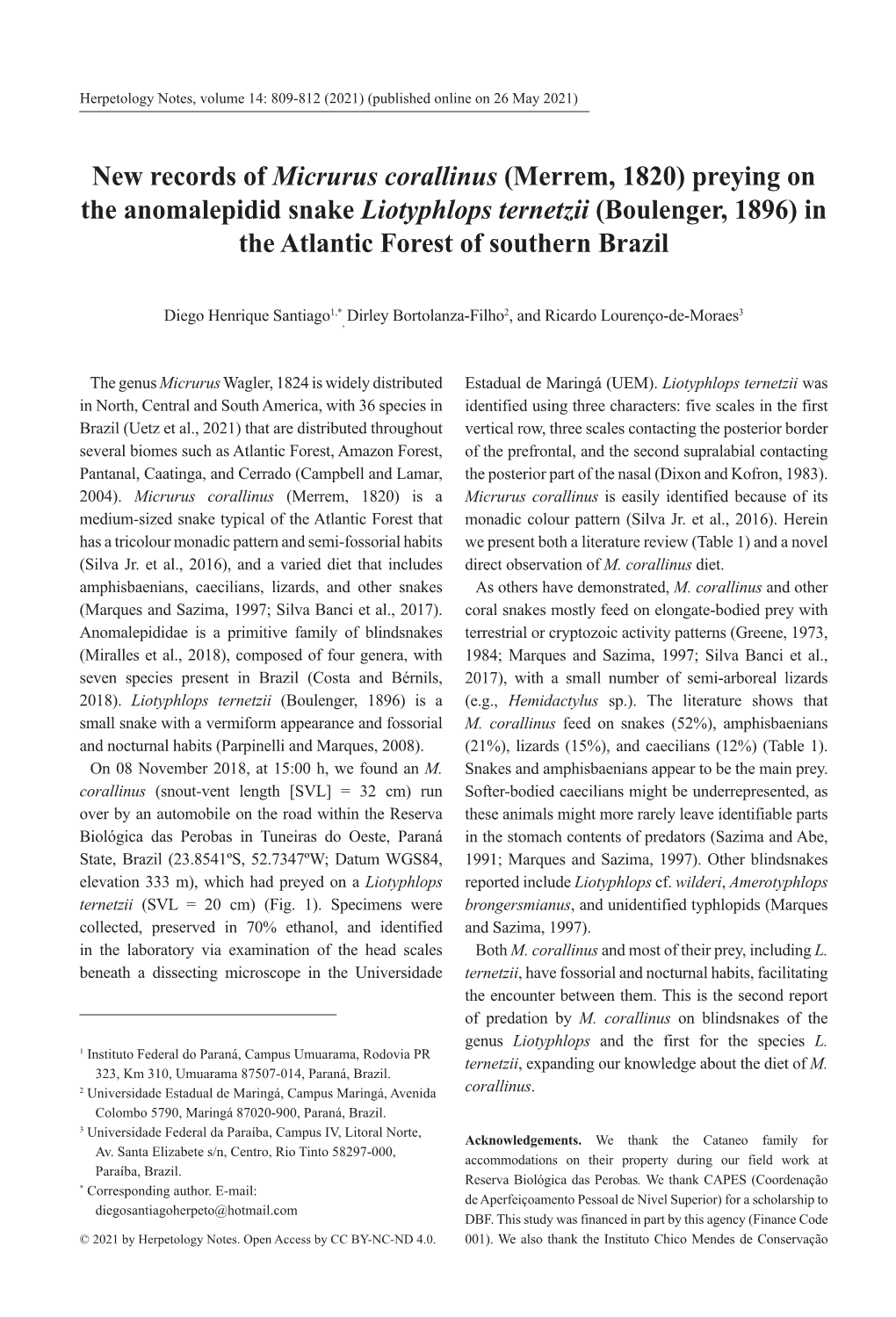 New Records of Micrurus Corallinus (Merrem, 1820) Preying on the Anomalepidid Snake Liotyphlops Ternetzii (Boulenger, 1896) in the Atlantic Forest of Southern Brazil