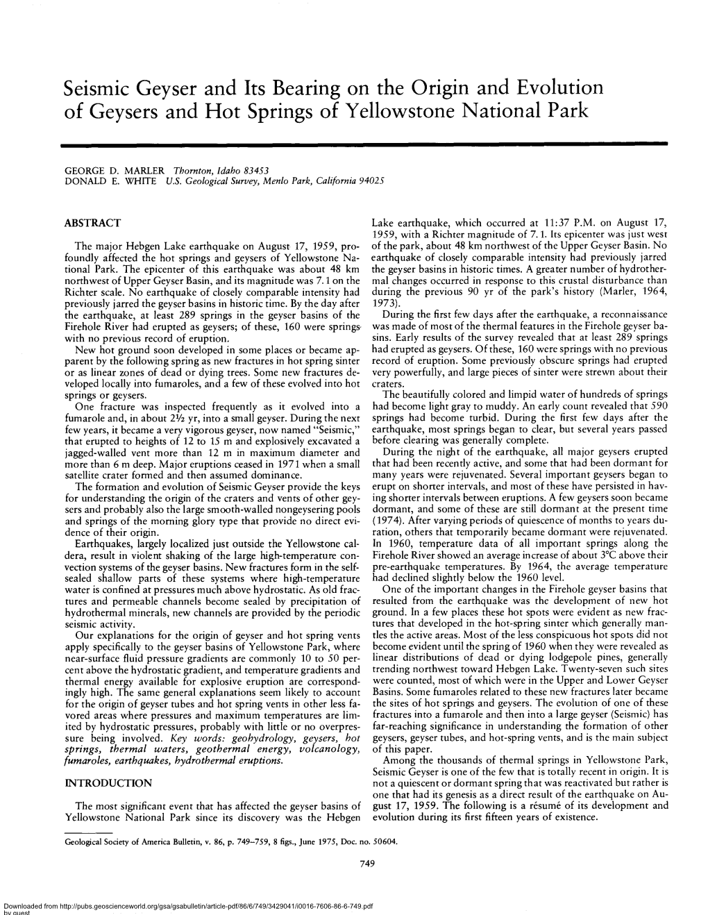 Seismic Geyser and Its Bearing on the Origin and Evolution of Geysers and Hot Springs of Yellowstone National Park