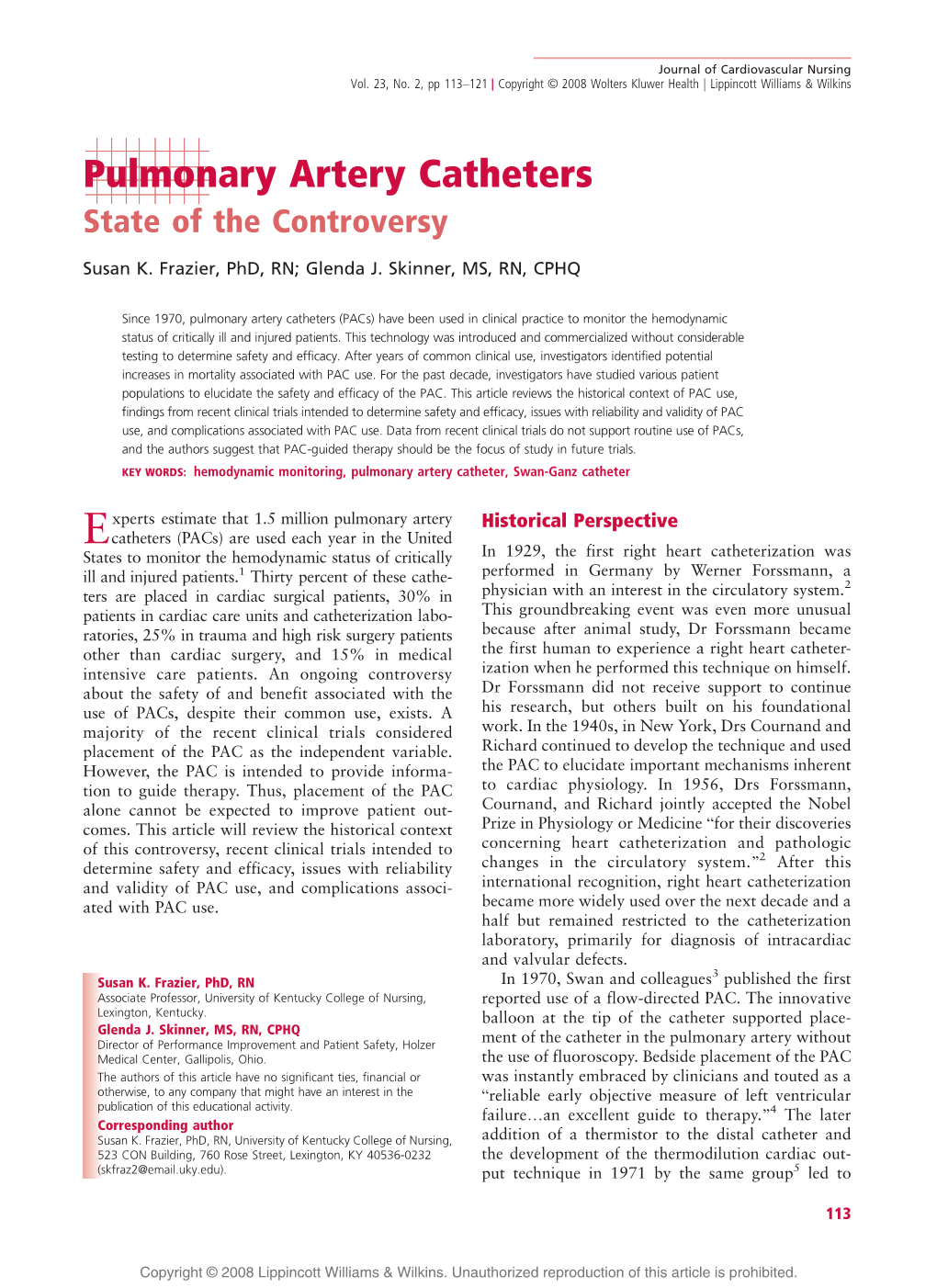 Pulmonary Artery Catheters State of the Controversy