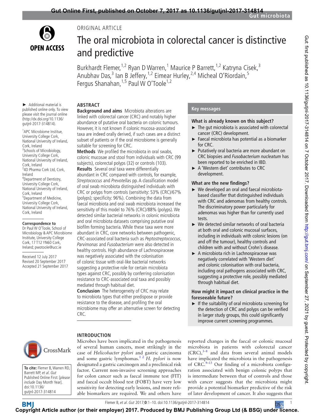 The Oral Microbiota in Colorectal Cancer Is Distinctive and Predictive