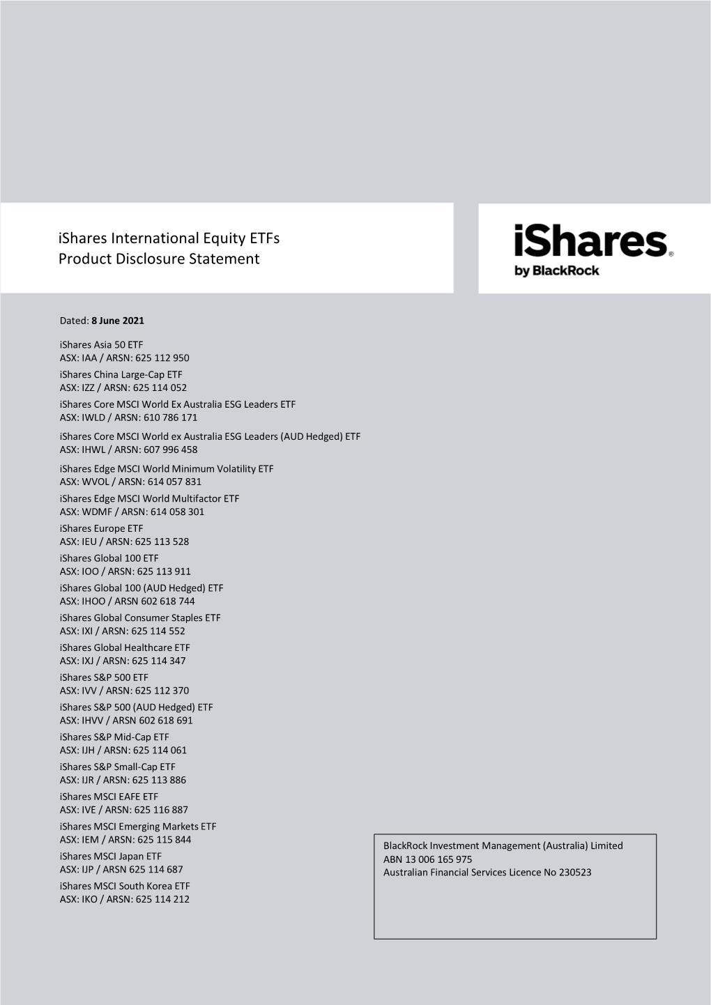 Ishares International Equity Etfs Product Disclosure Statement