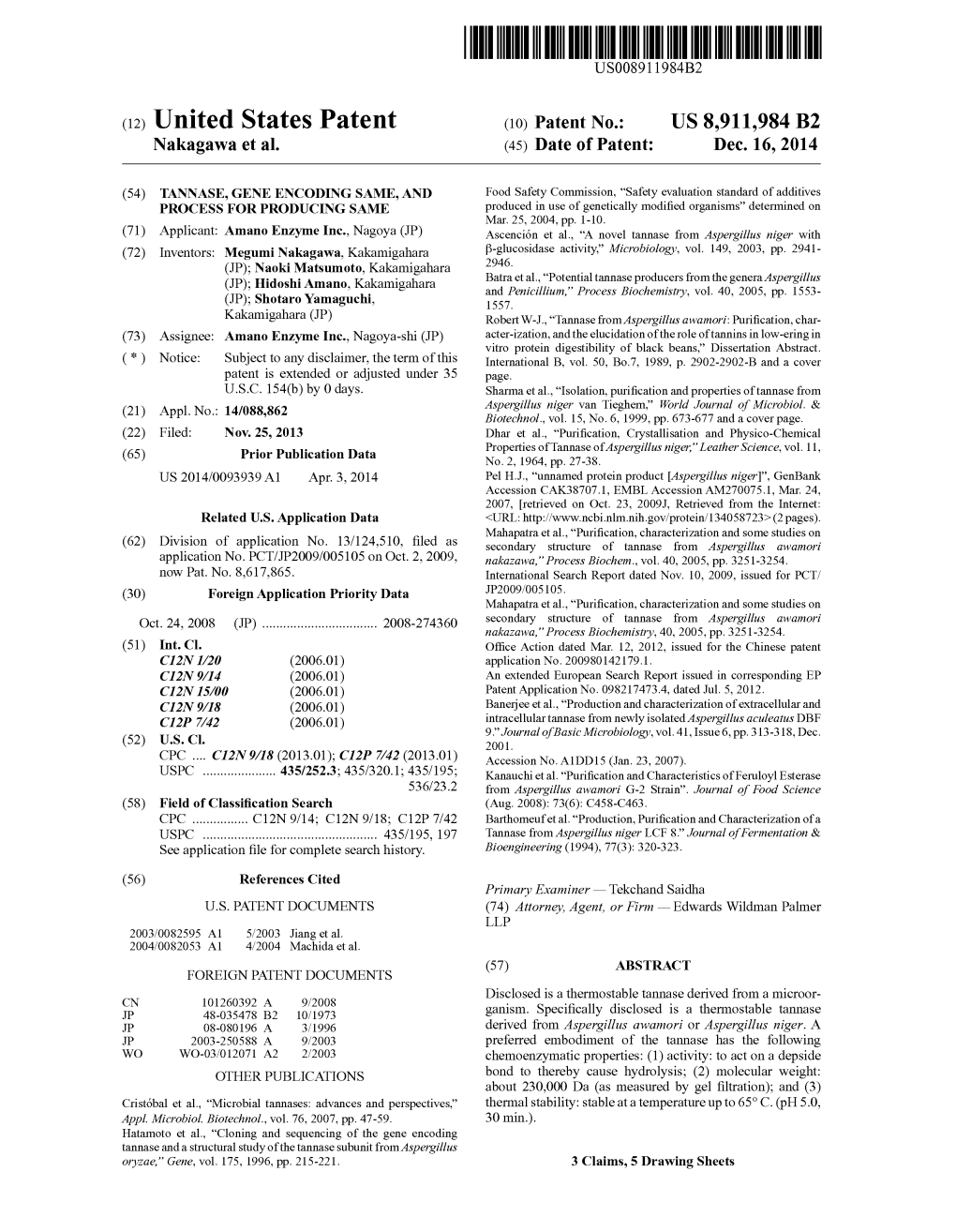 (12) United States Patent (10) Patent No.: US 8,911,984 B2 Nakagawa Et Al