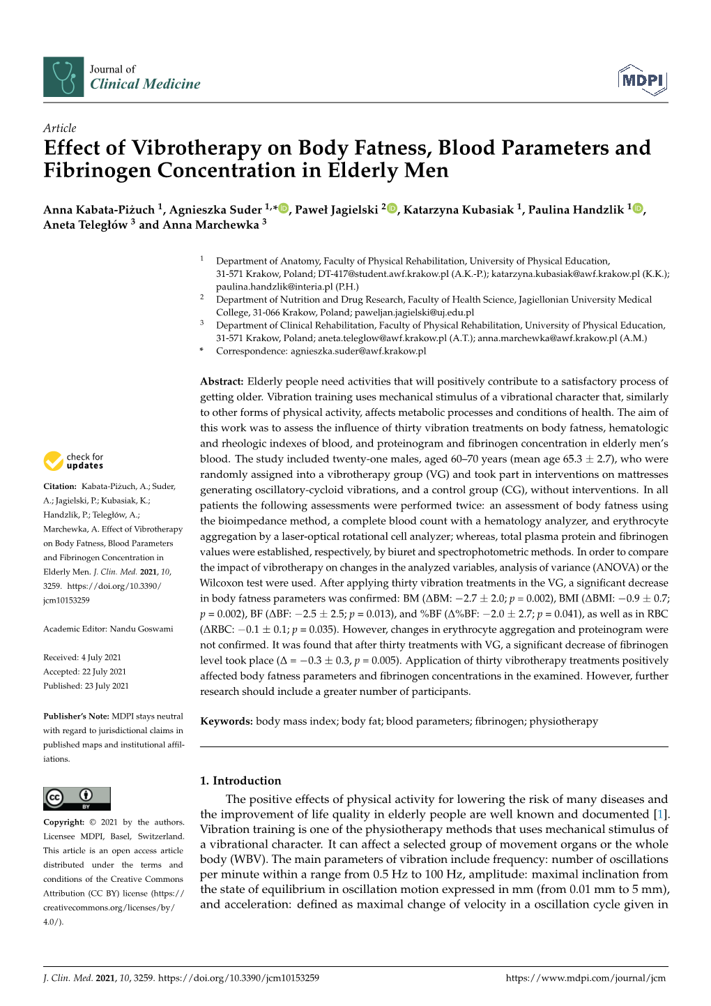 Effect of Vibrotherapy on Body Fatness, Blood Parameters and Fibrinogen Concentration in Elderly Men