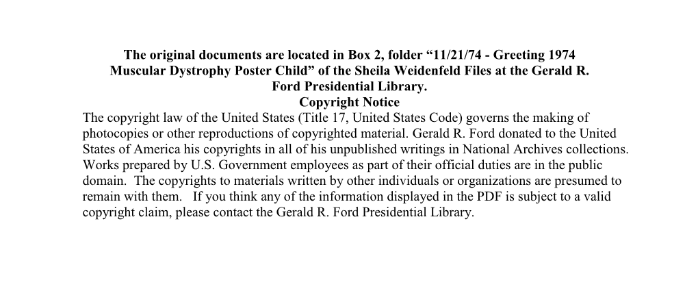 11/21/74 - Greeting 1974 Muscular Dystrophy Poster Child” of the Sheila Weidenfeld Files at the Gerald R