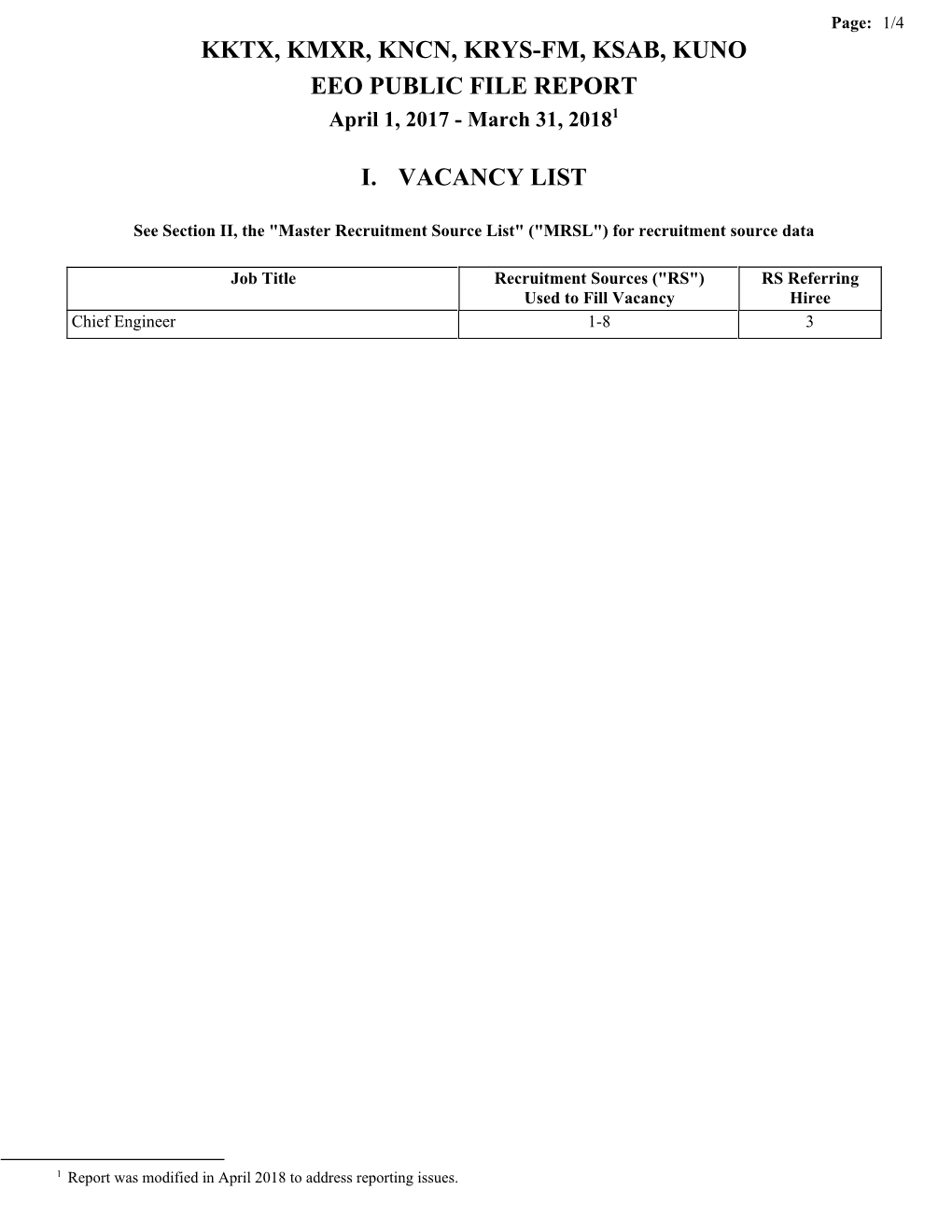 KKTX, KMXR, KNCN, KRYS-FM, KSAB, KUNO EEO PUBLIC FILE REPORT April 1, 2017 - March 31, 20181