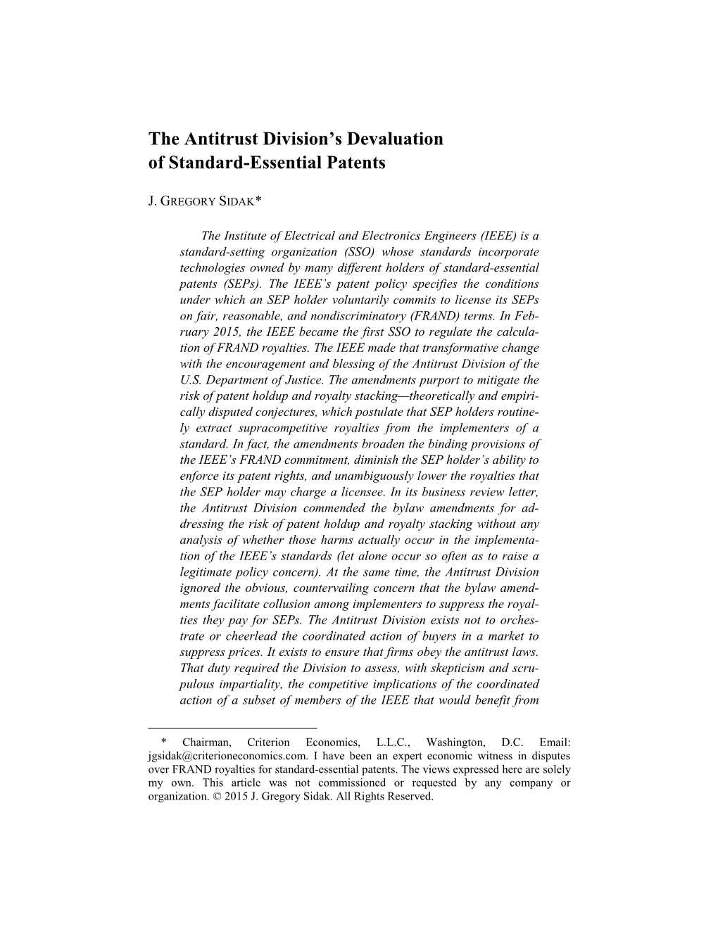 The Antitrust Division's Devaluation of Standard-Essential Patents