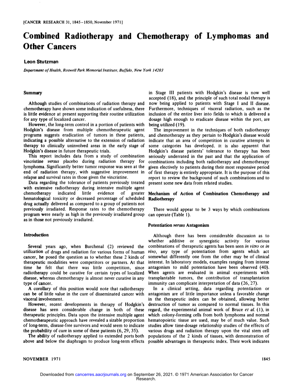 Combined Radiotherapy and Chemotherapy of Lymphomas and Other Cancers