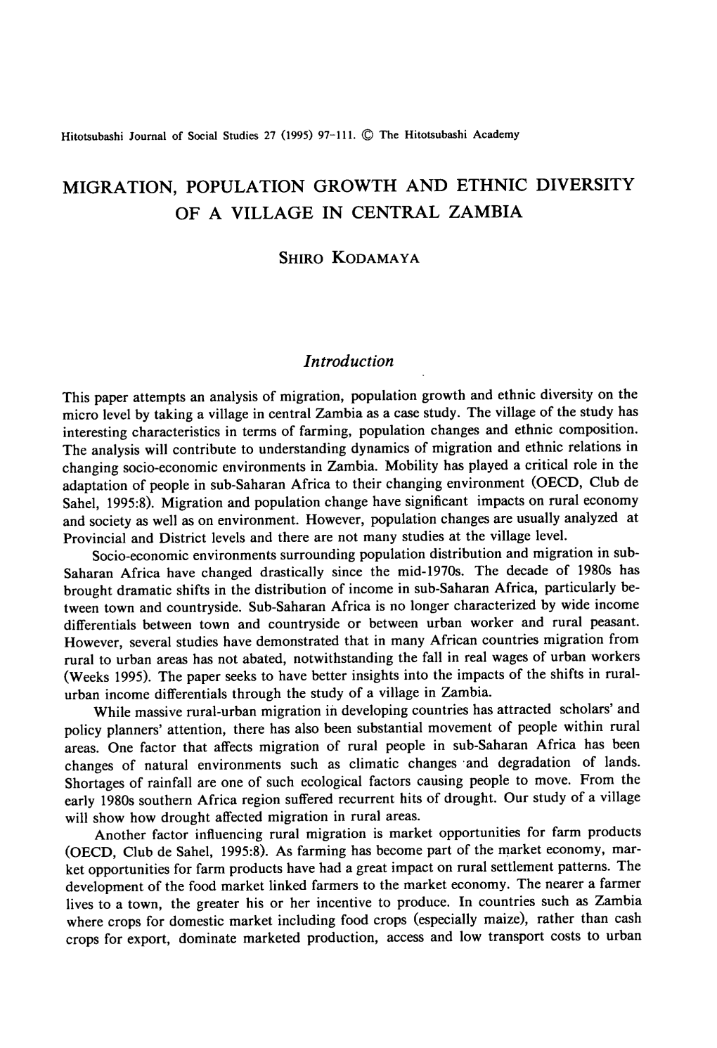 Migration, Population Growth and Ethnic Diversity of a Village in Central Zambia