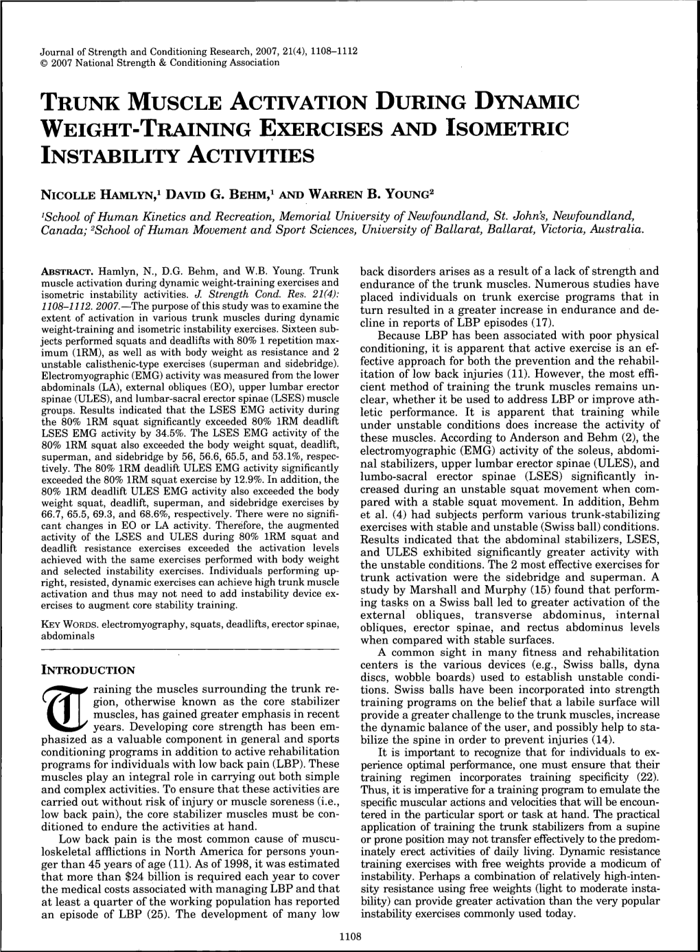 Trunk Muscle Activation During Dynamic Weight-Training Exercises and Isometric Instability Activities