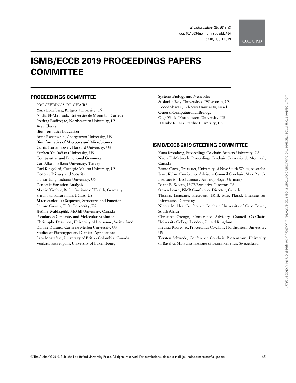 Ismb/Eccb 2019 Proceedings Papers Committee