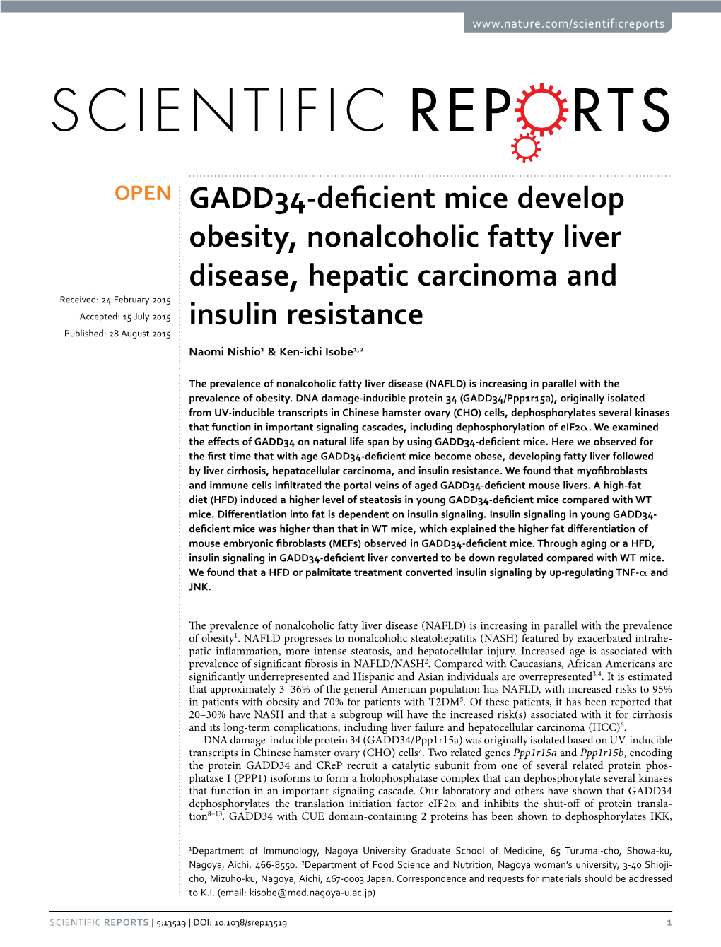 GADD34-Deficient Mice Develop Obesity, Nonalcoholic Fatty Liver