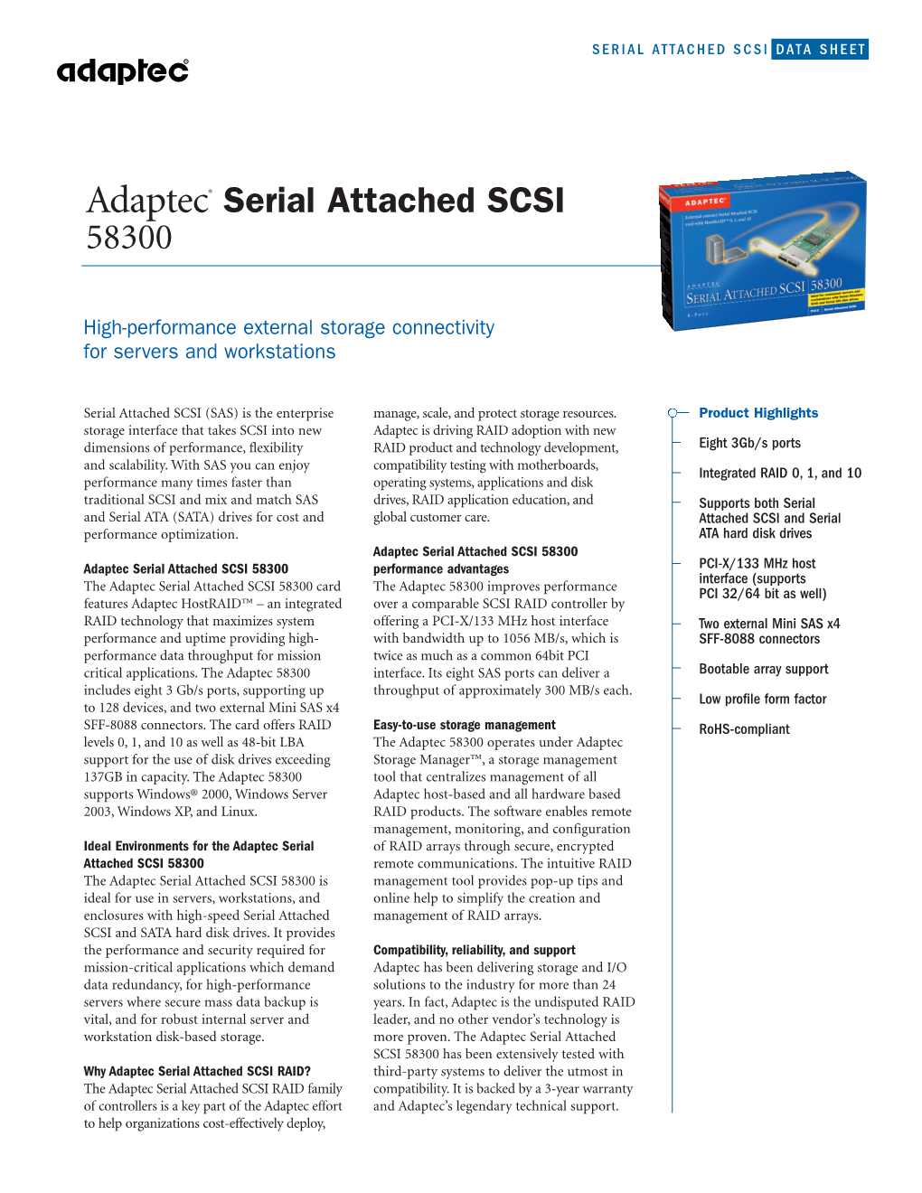 Adaptec® Serial Attached SCSI 58300