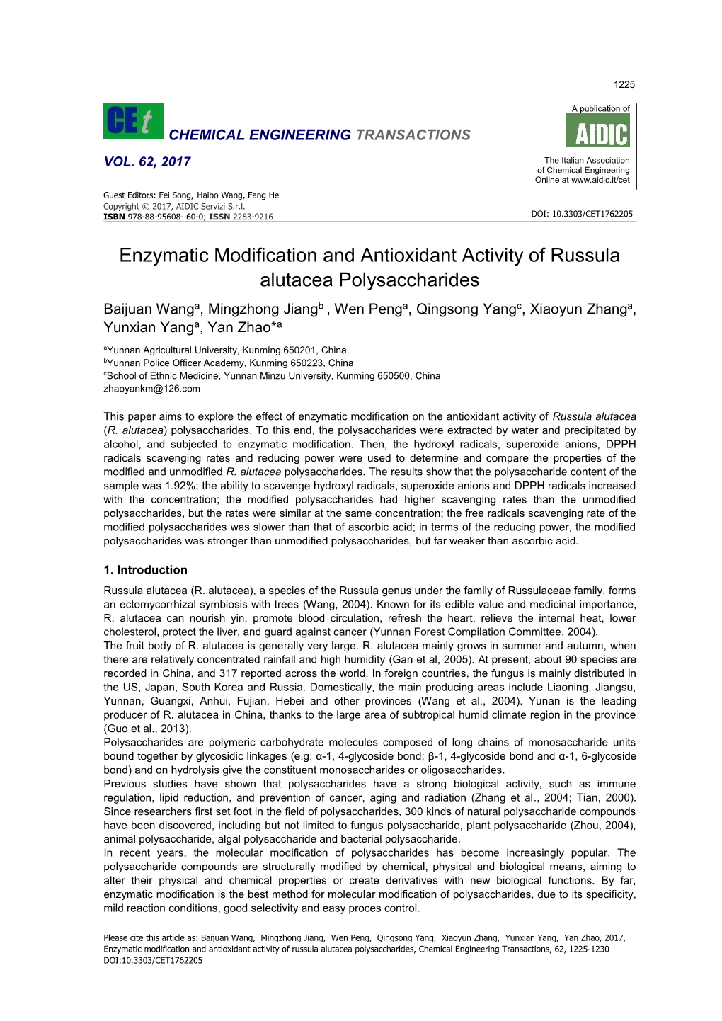Enzymatic Modification and Antioxidant Activity of Russula Alutacea Polysaccharides