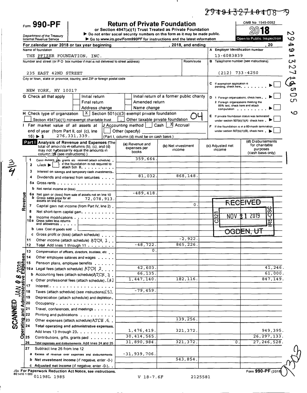 2018 Or Tax Year Beginning , 2018, and Endina Name of Foundation a Employer Ldentlf1catlon Number the PFJEER FOUNDATION, INC