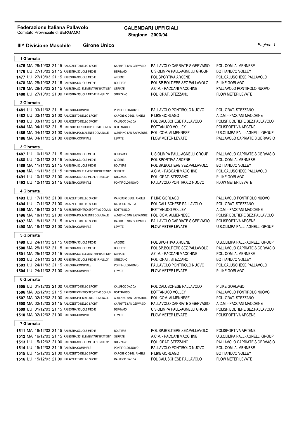 CALENDARI UFFICIALI Federazione Italiana Pallavolo III^ Divisione Maschile Girone Unico