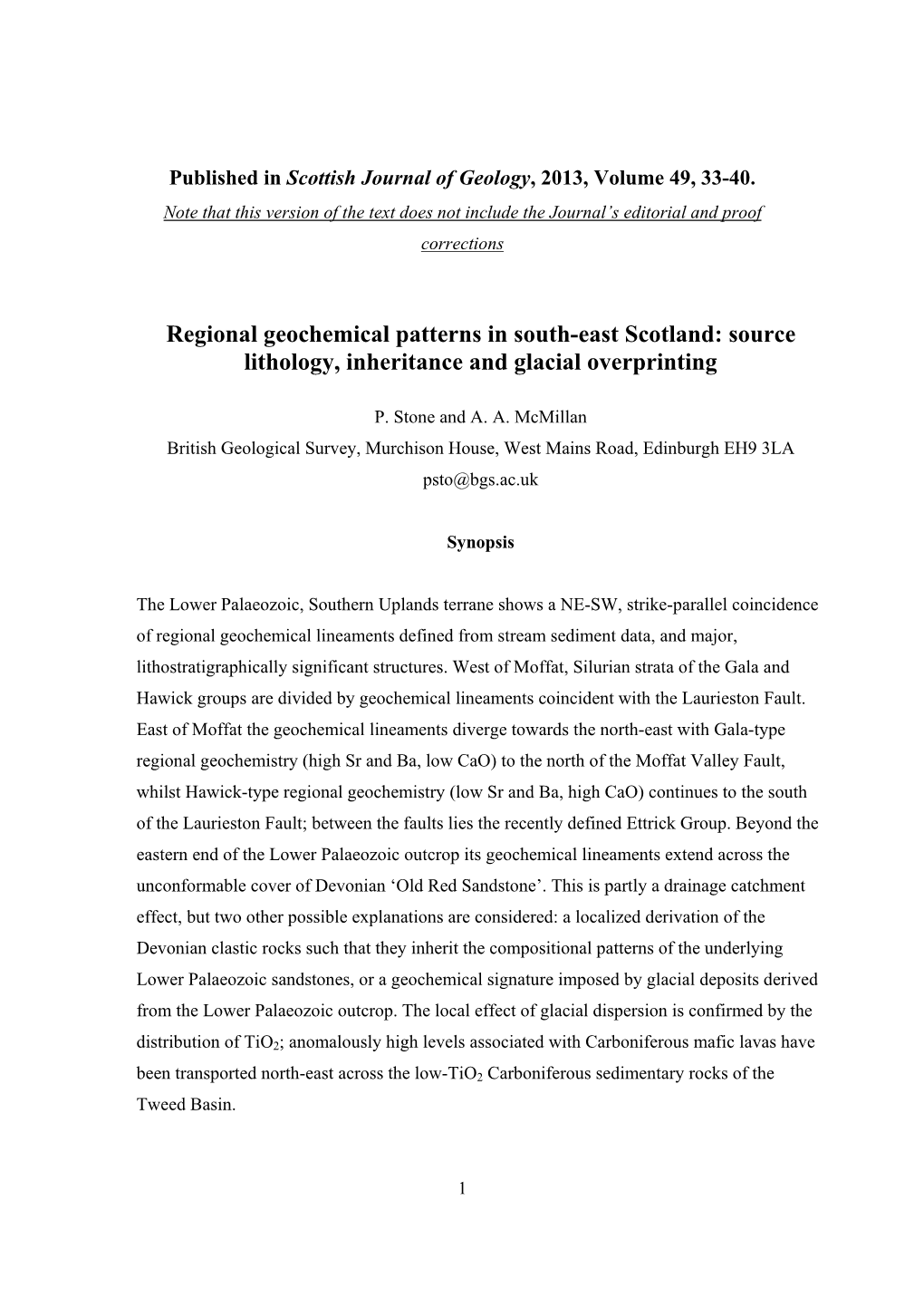 Regional Geochemical Patterns in South-East Scotland: Source Lithology, Inheritance and Glacial Overprinting