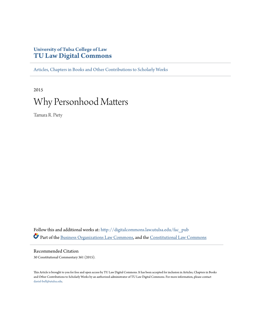 Why Personhood Matters Tamara R