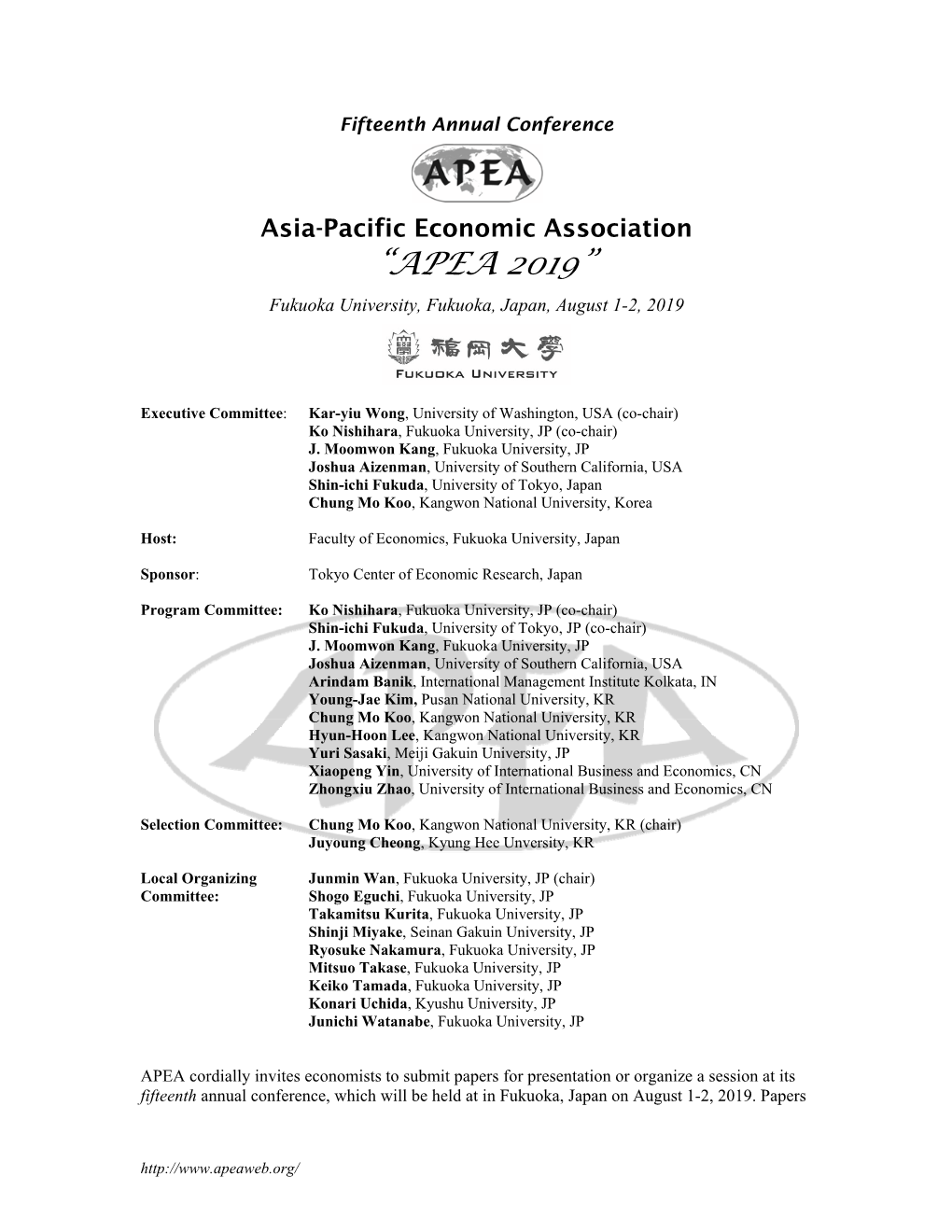 “APEA 2019” Fukuoka University, Fukuoka, Japan, August 1-2, 2019