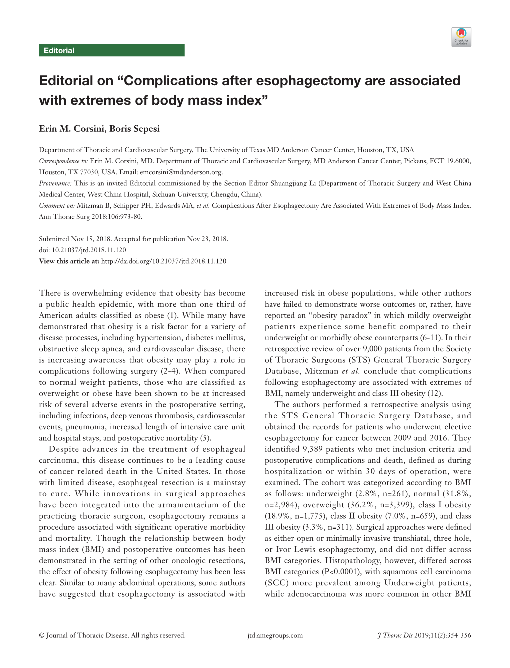 Complications After Esophagectomy Are Associated with Extremes of Body Mass Index”