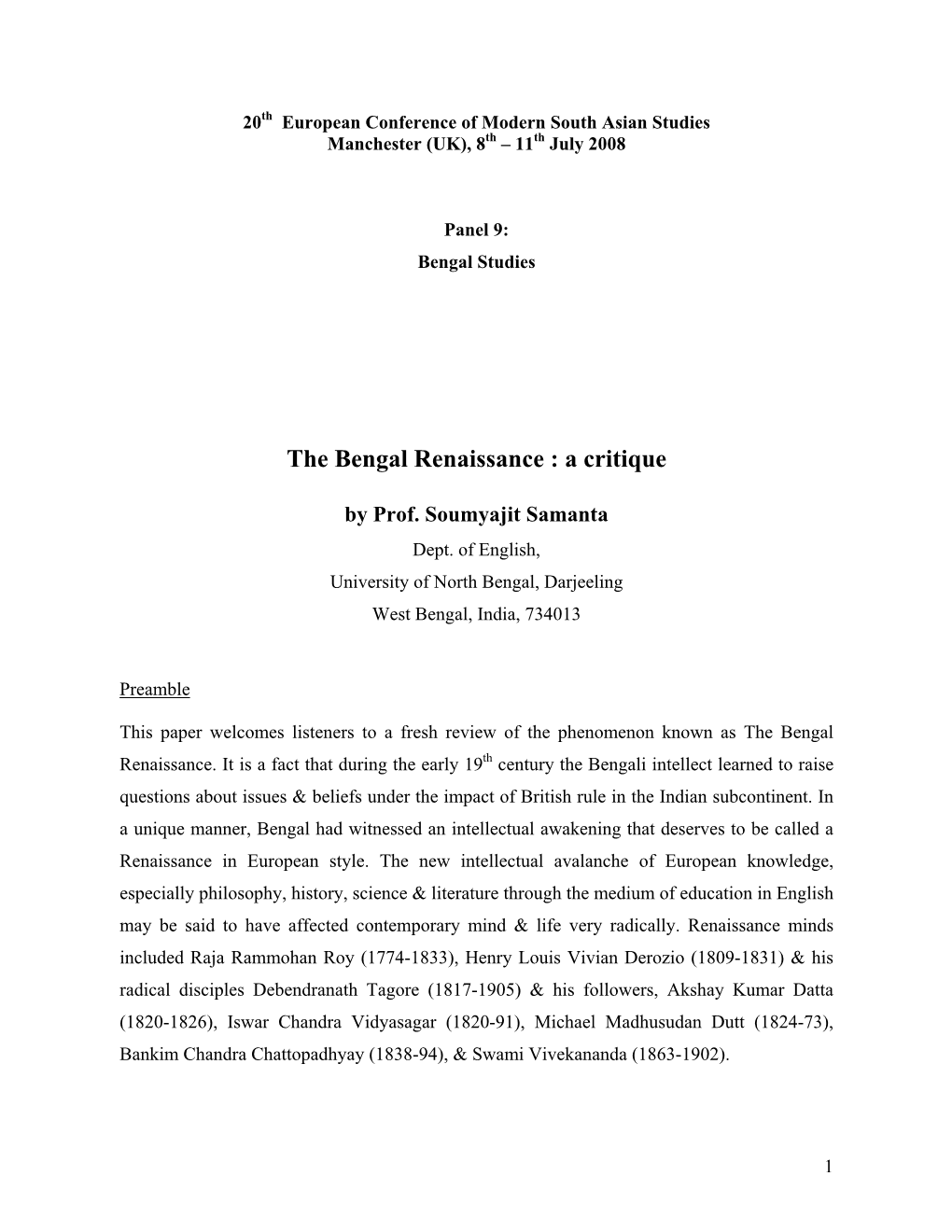 The Bengal Renaissance : a Critique