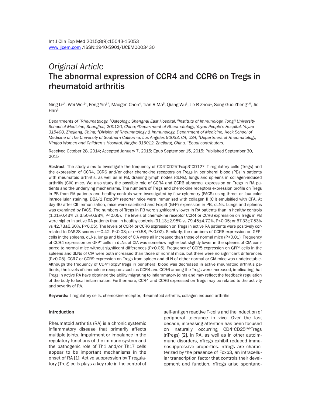 The Abnormal Expression of CCR4 and CCR6 on Tregs in Rheumatoid Arthritis