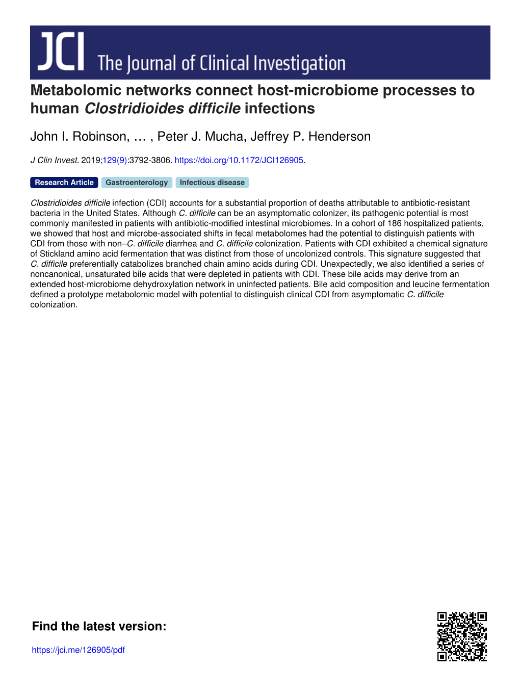 Metabolomic Networks Connect Host-Microbiome Processes to Human Clostridioides Difficile Infections