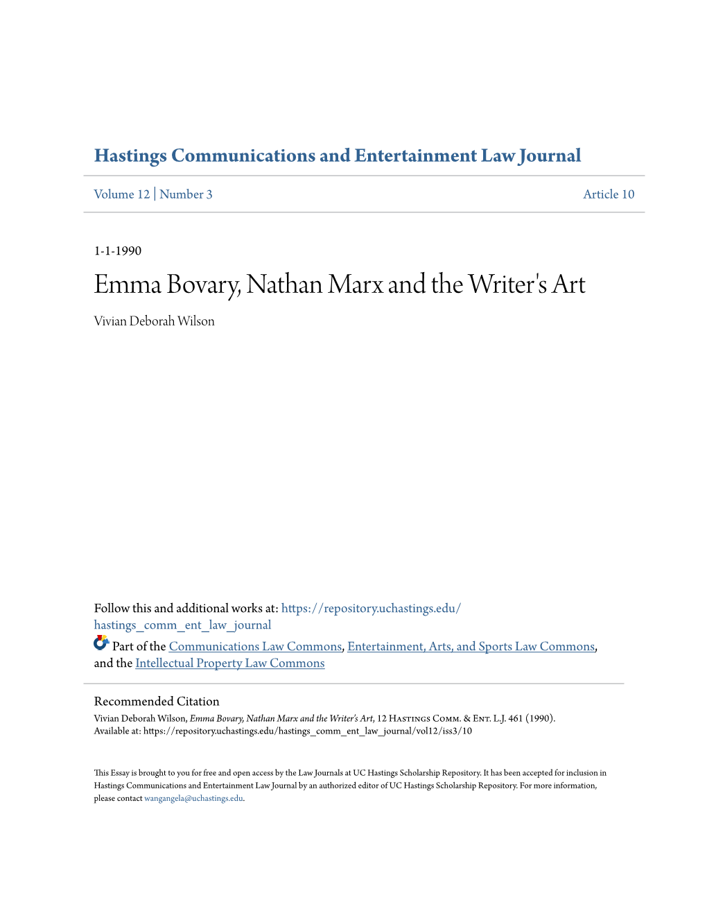 Emma Bovary, Nathan Marx and the Writer's Art Vivian Deborah Wilson