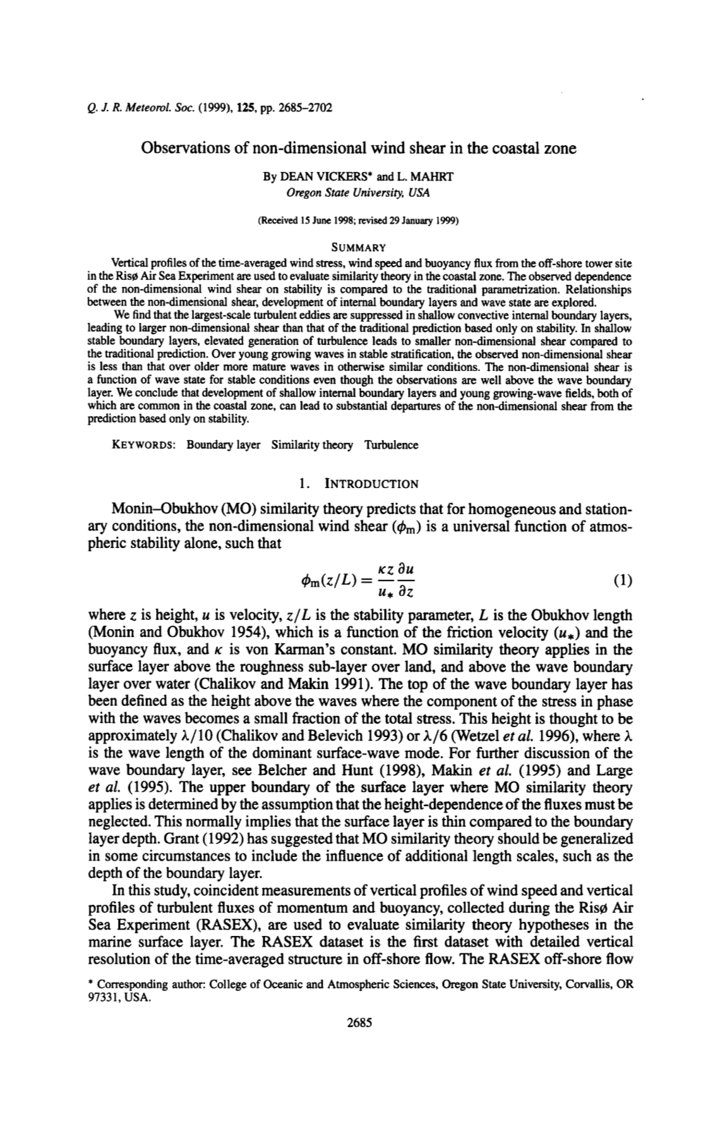 Observations of Non-Dimensional Wind Shear in the Coastal Zone by DEAN VICKERS* and L