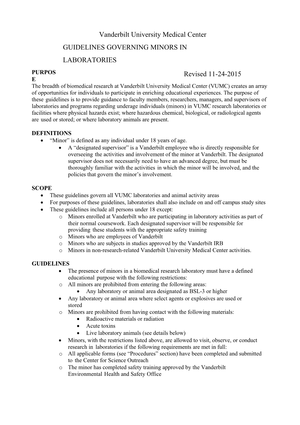 Revised Minors Working in Lab Guidelines 2010 03 25