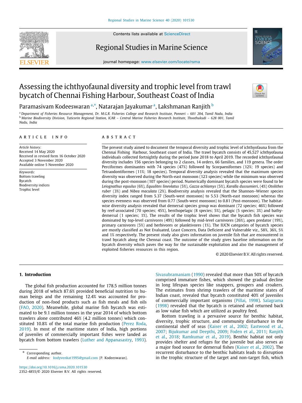 Regional Studies in Marine Science Assessing the Ichthyofaunal