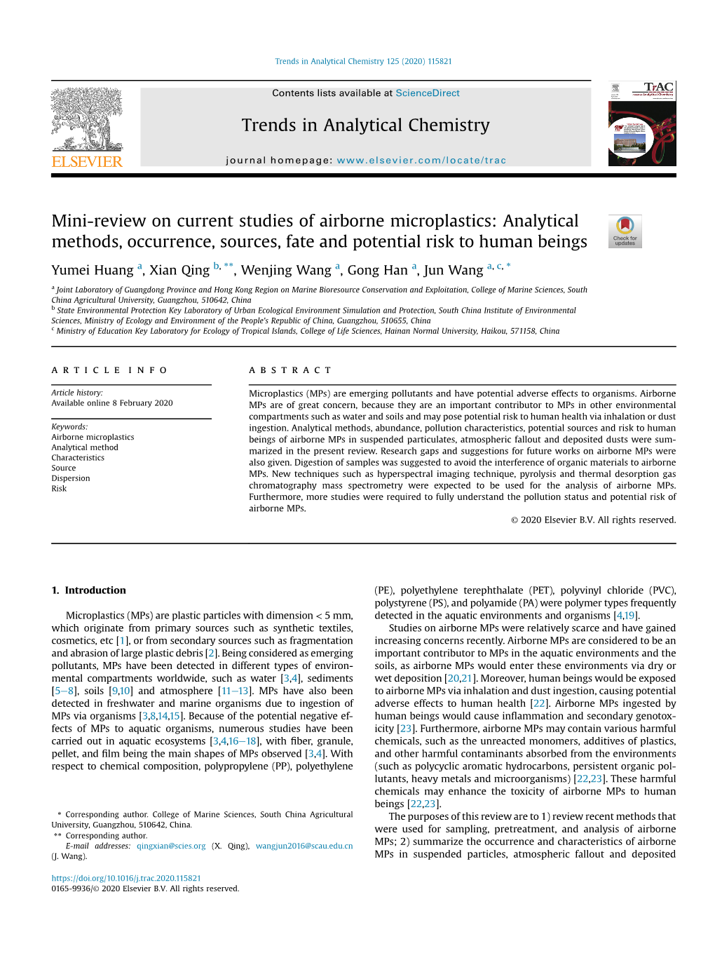 Mini-Review on Current Studies of Airborne Microplastics: Analytical Methods, Occurrence, Sources, Fate and Potential Risk to Human Beings