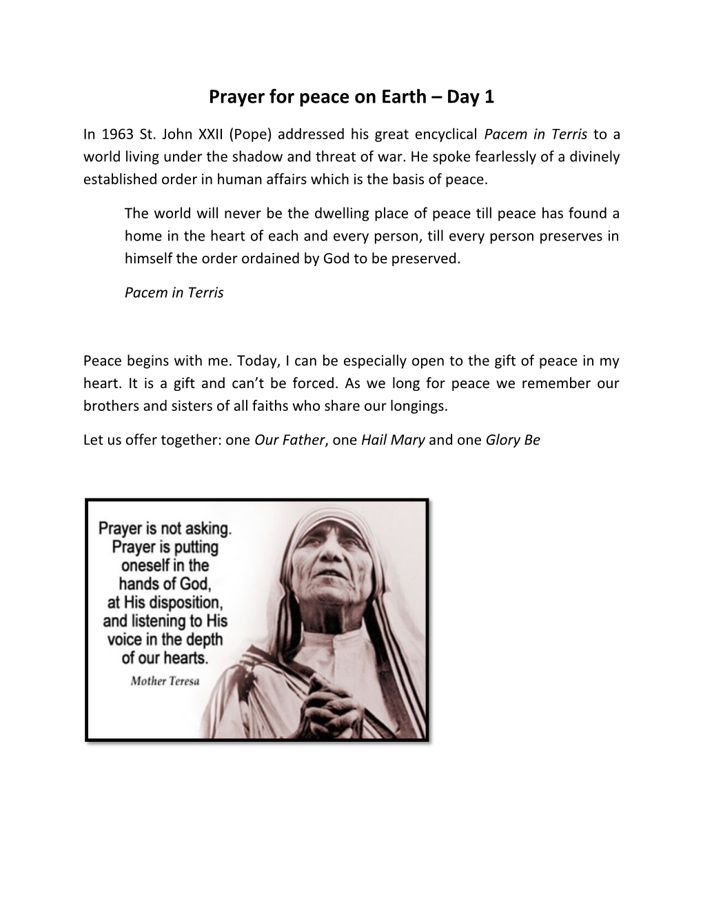 Prayer for Peace on Earth Day 1