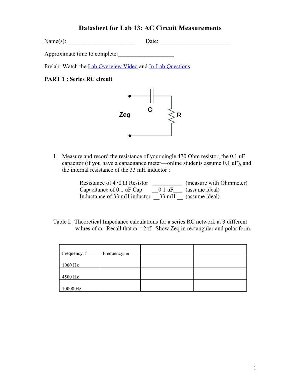 Datasheet for Lab 13: AC Circuit Measurements