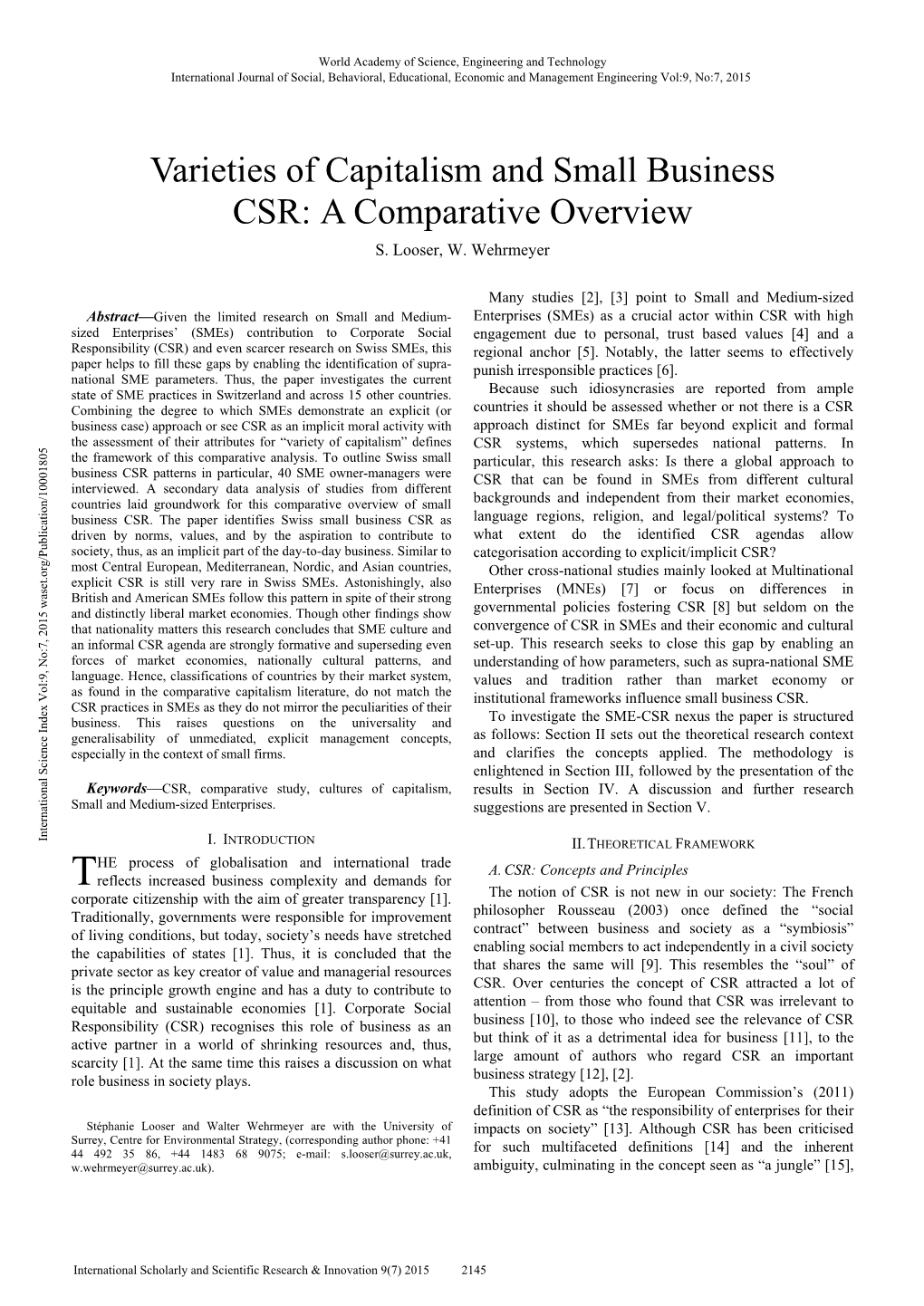 Varieties of Capitalism and Small Business CSR: a Comparative Overview S