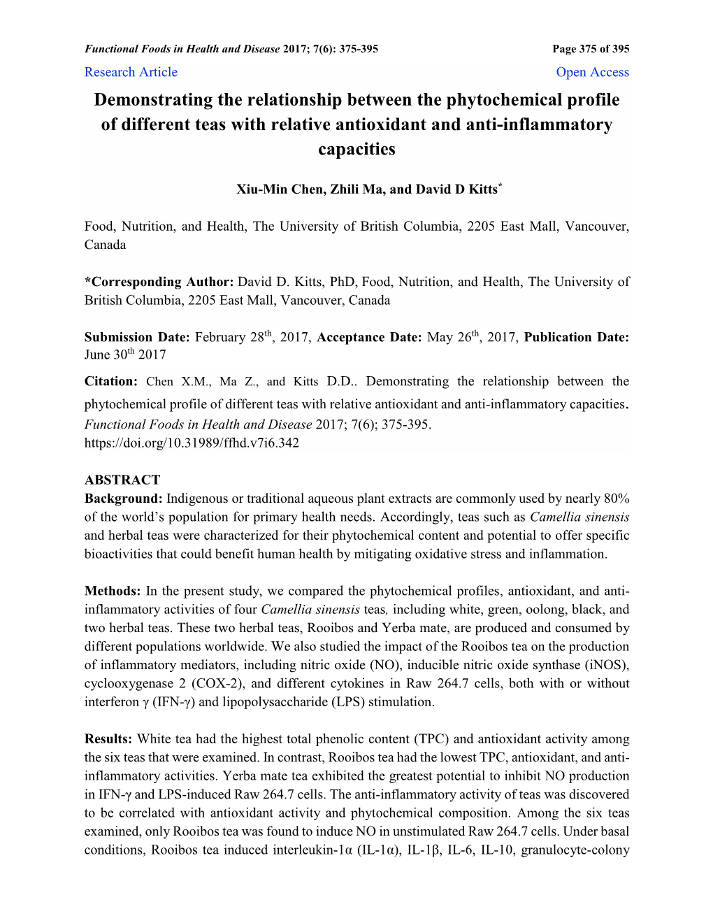 Demonstrating the Relationship Between the Phytochemical Profile of Different Teas with Relative Antioxidant and Anti-Inflammatory Capacities