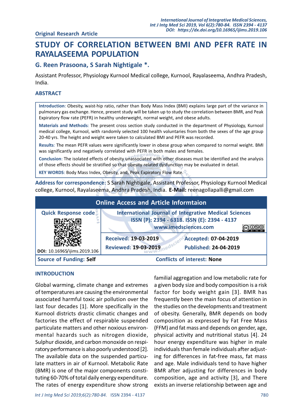 Study of Correlation Between Bmi and Pefr Rate in Rayalaseema Population G