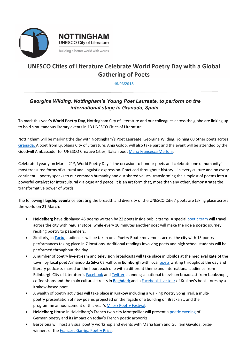 UNESCO Cities of Literature Celebrate World Poetry Day with a Global Gathering of Poets 19/03/2018