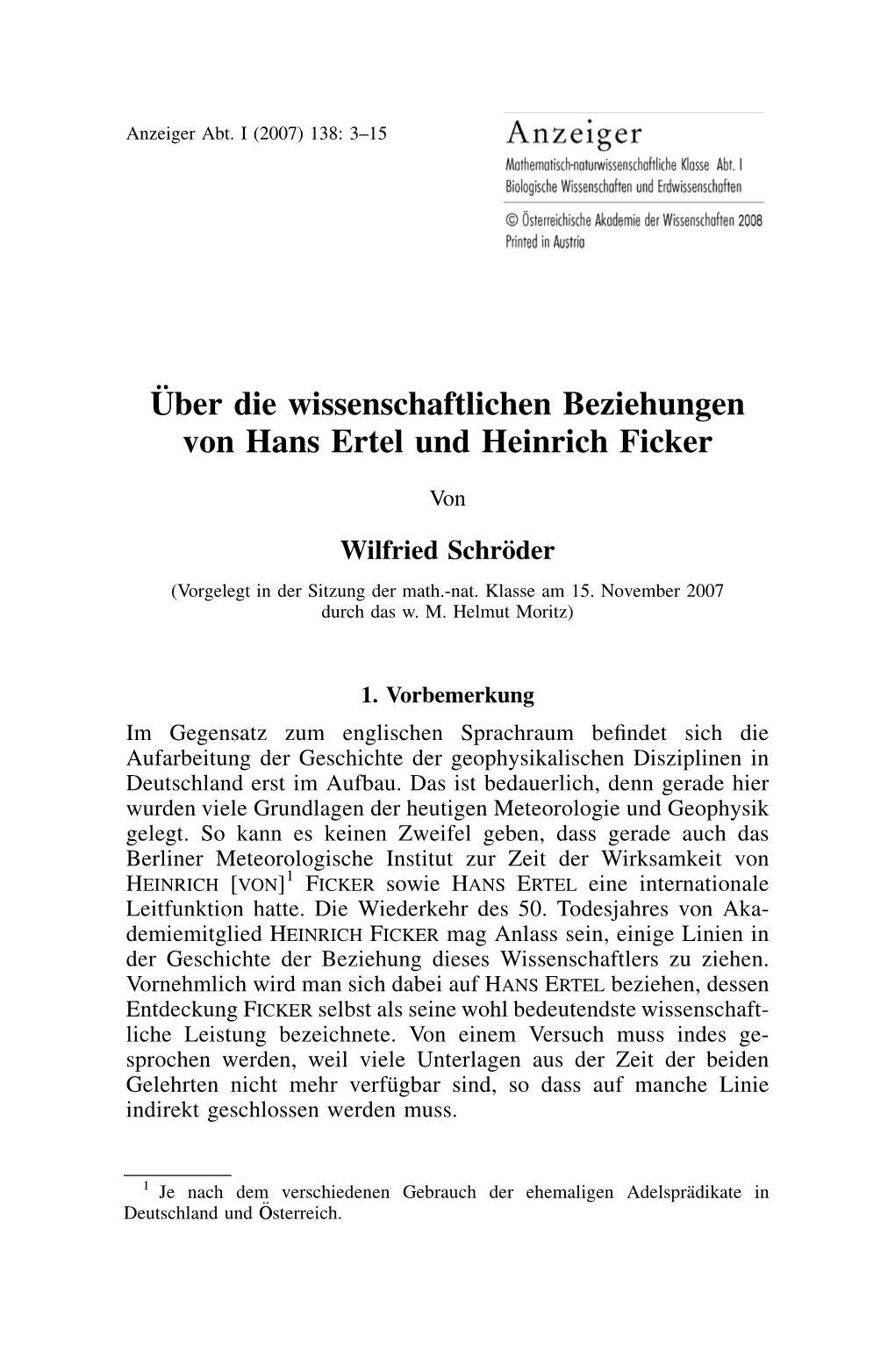 U¨Ber Die Wissenschaftlichen Beziehungen Von Hans Ertel Und